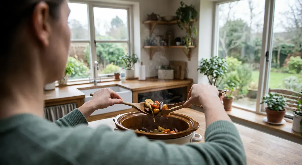 Wide view of a person's hands lifting food from a countertop appliance in a bright kitchen, in soft overcast light