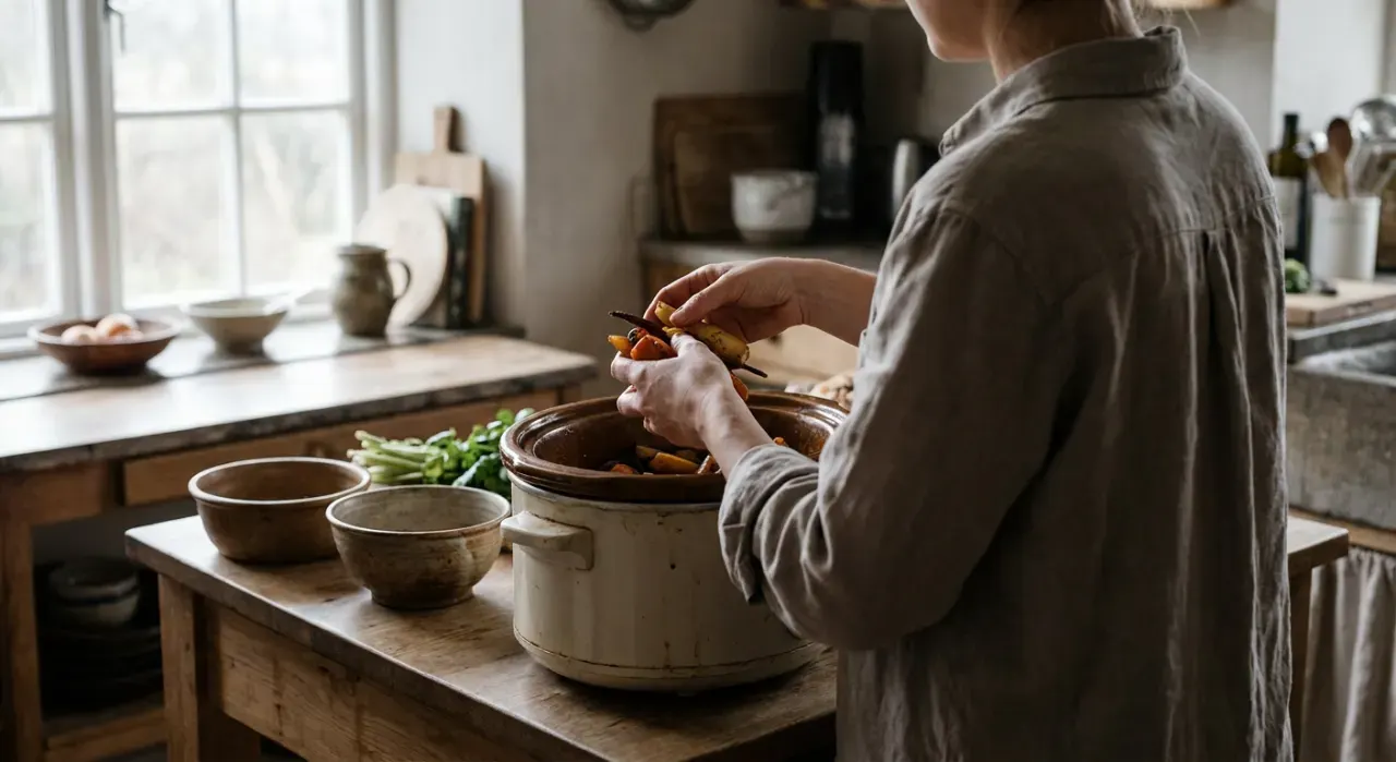 Over-the-shoulder view of a person's hands lifting food from a countertop appliance in a bright kitchen, in soft overcast light