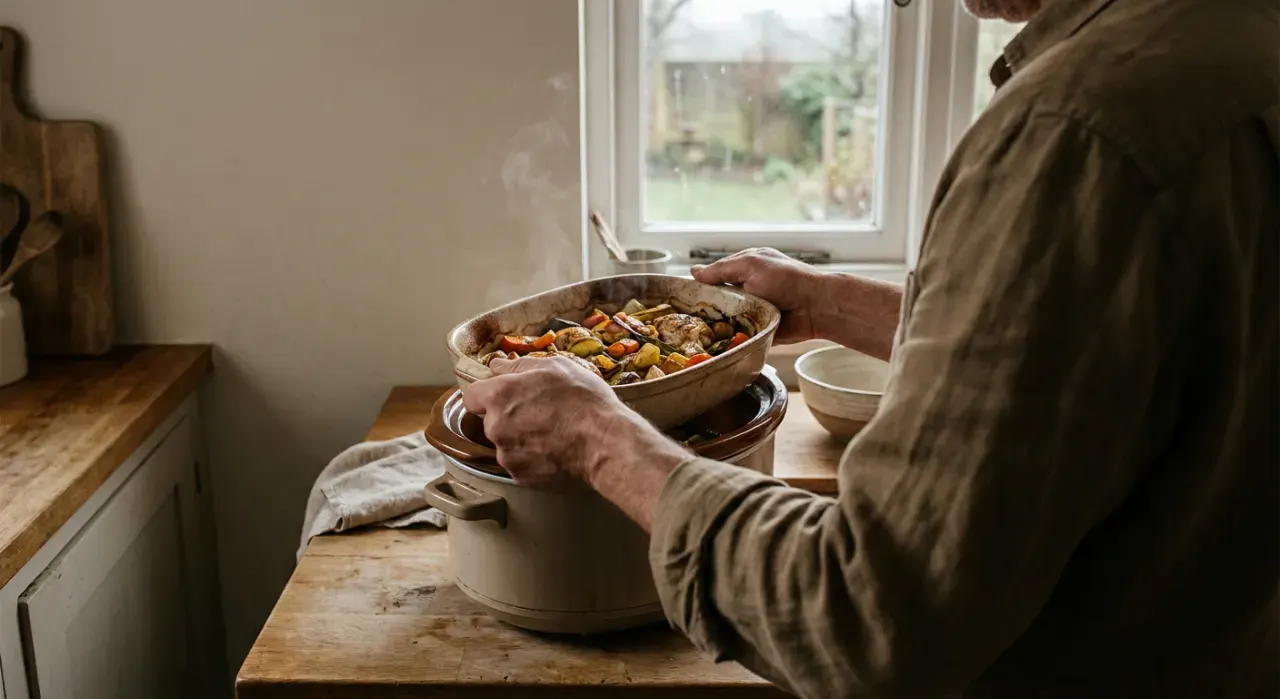 Three-quarter view of a person's hands lifting food from a countertop appliance in a bright kitchen, in soft overcast light