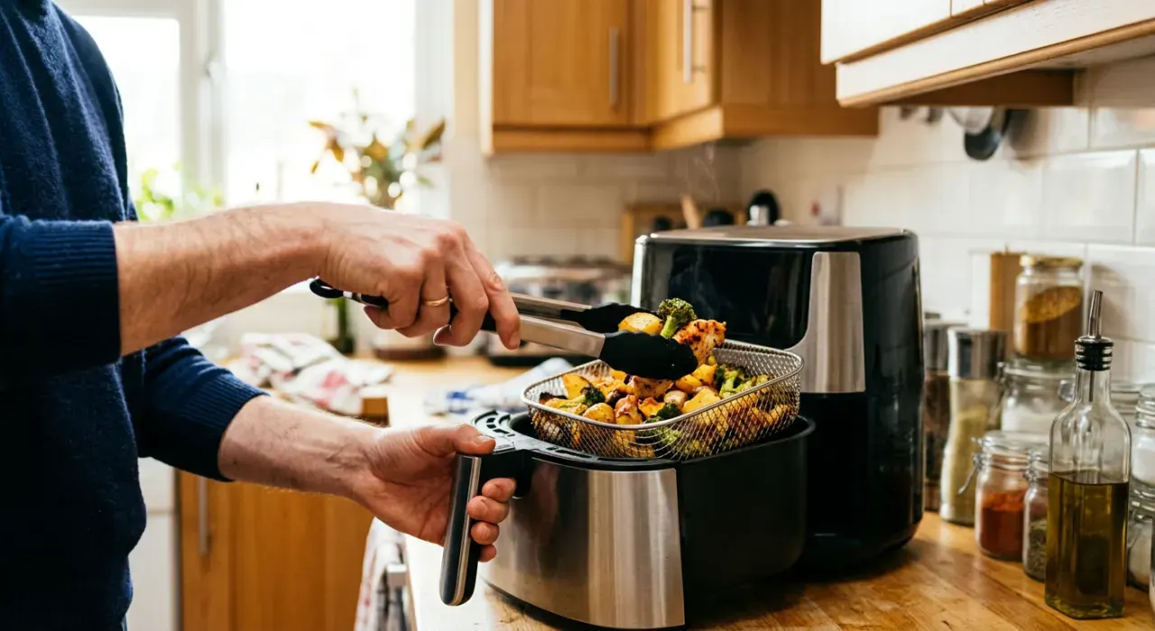 Over-the-shoulder view of a person's hands lifting food from a countertop appliance in a bright kitchen, in soft early-morning light