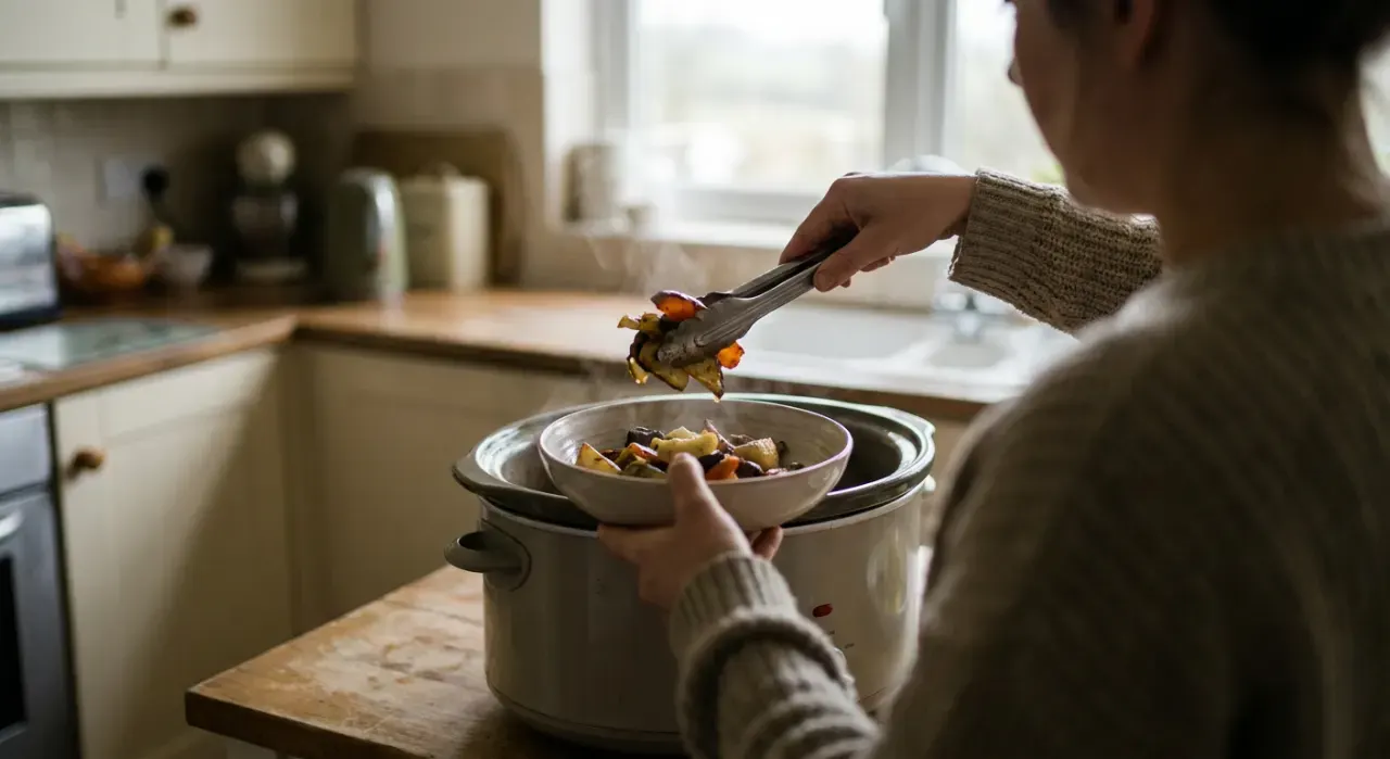 Low-angle view of a person's hands lifting food from a countertop appliance in a bright kitchen, in soft overcast light