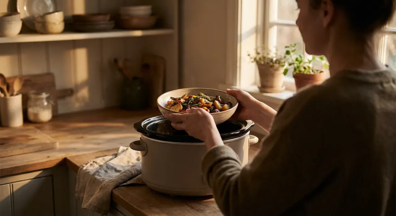 Golden-hour view of a person's hands lifting food from a countertop appliance in a bright kitchen