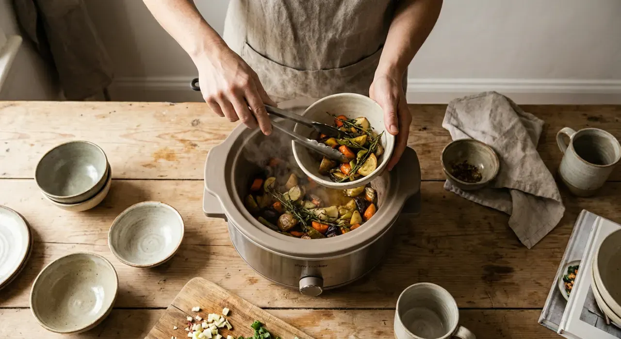 Overhead view of a person's hands lifting food from a countertop appliance in a bright kitchen, in soft overcast light