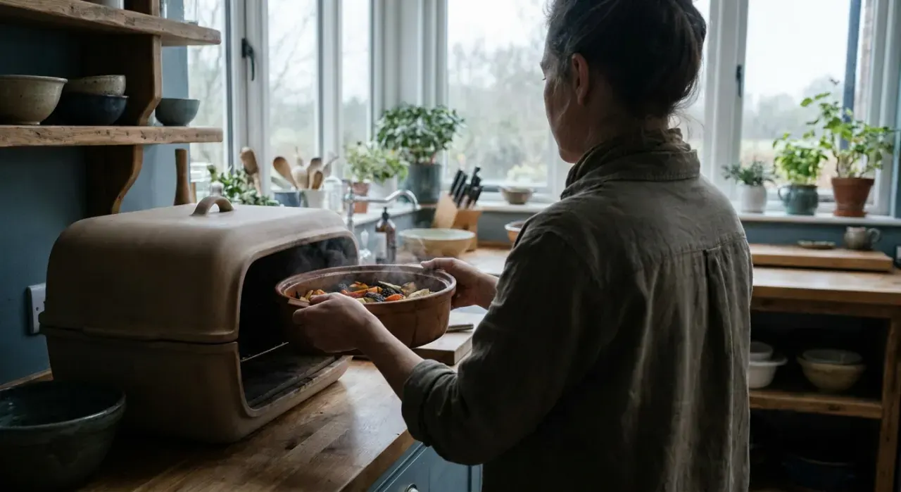 Wide environmental view of a person's hands lifting food from a countertop appliance in a bright kitchen, in soft overcast light