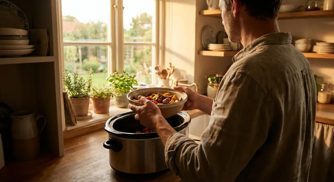 Wide view of a person's hands lifting food from a countertop appliance in a bright kitchen, in warm late-afternoon light