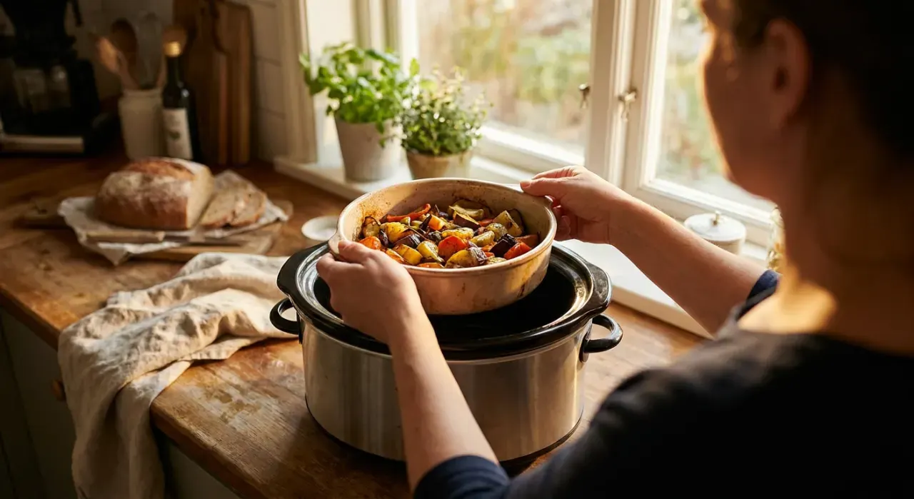 Over-the-shoulder view of a person's hands lifting food from a countertop appliance in a bright kitchen, in warm late-afternoon light