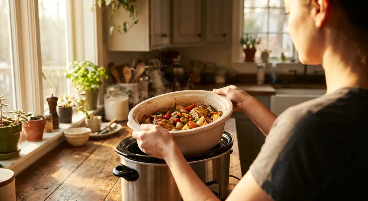 Three-quarter view of a person's hands lifting food from a countertop appliance in a bright kitchen, in warm late-afternoon light