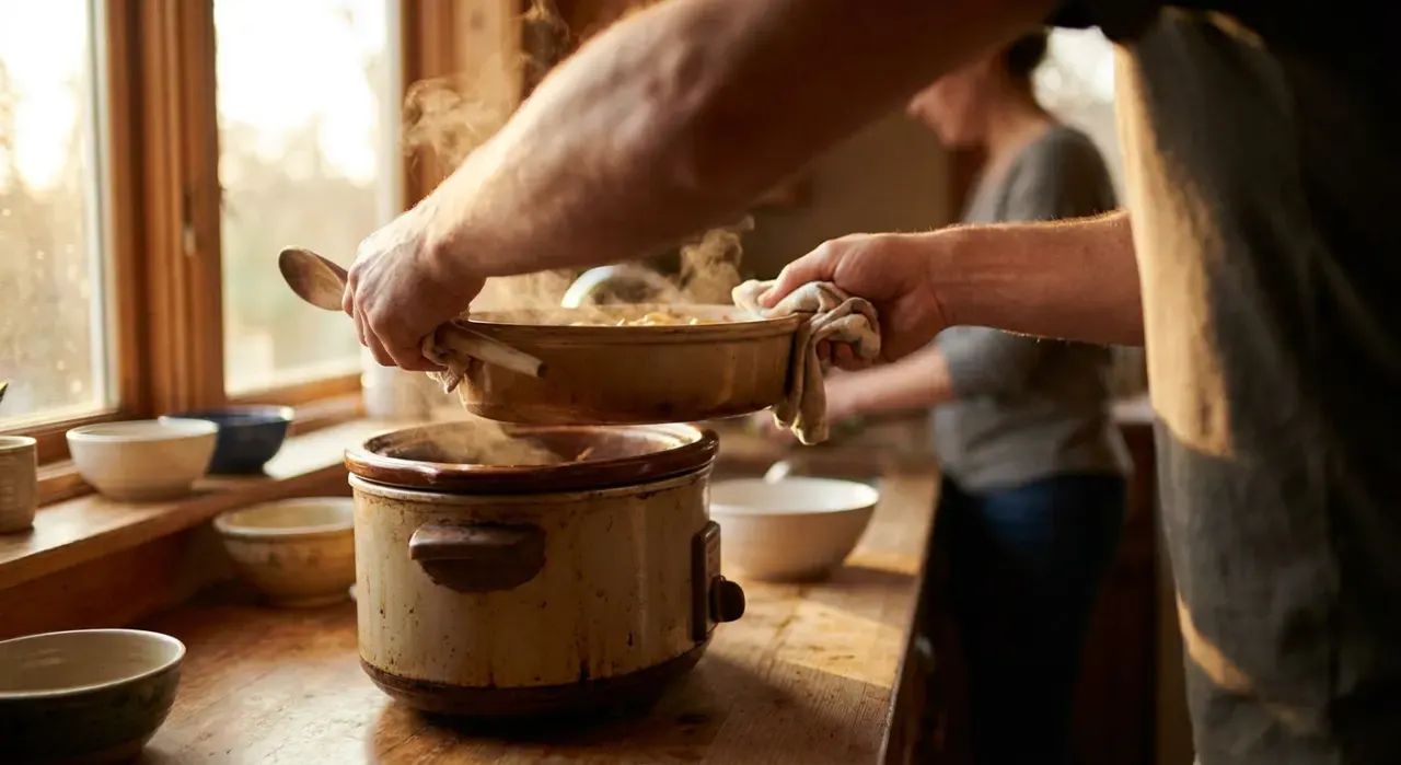 Low-angle view of a person's hands lifting food from a countertop appliance in a bright kitchen, in warm late-afternoon light