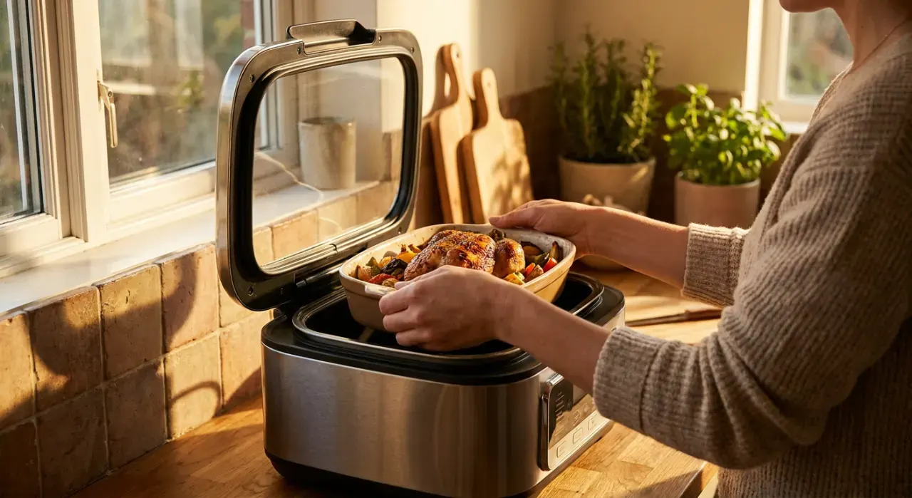 Golden-hour view of a person's hands lifting food from a countertop appliance in a bright kitchen