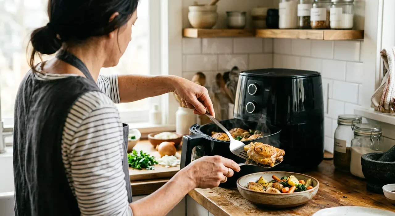 Three-quarter view of a person's hands lifting food from a countertop appliance in a bright kitchen, in soft early-morning light