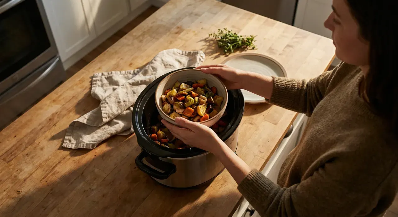Overhead view of a person's hands lifting food from a countertop appliance in a bright kitchen, in warm late-afternoon light