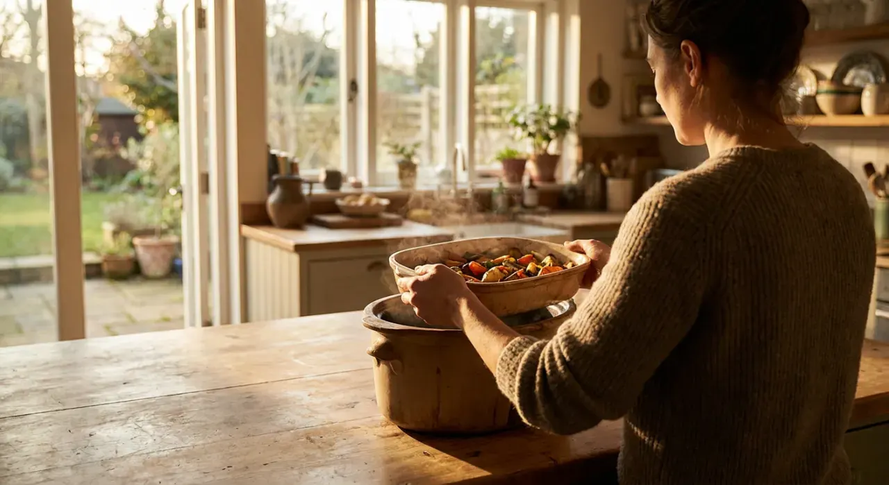 Wide environmental view of a person's hands lifting food from a countertop appliance in a bright kitchen, in warm late-afternoon light