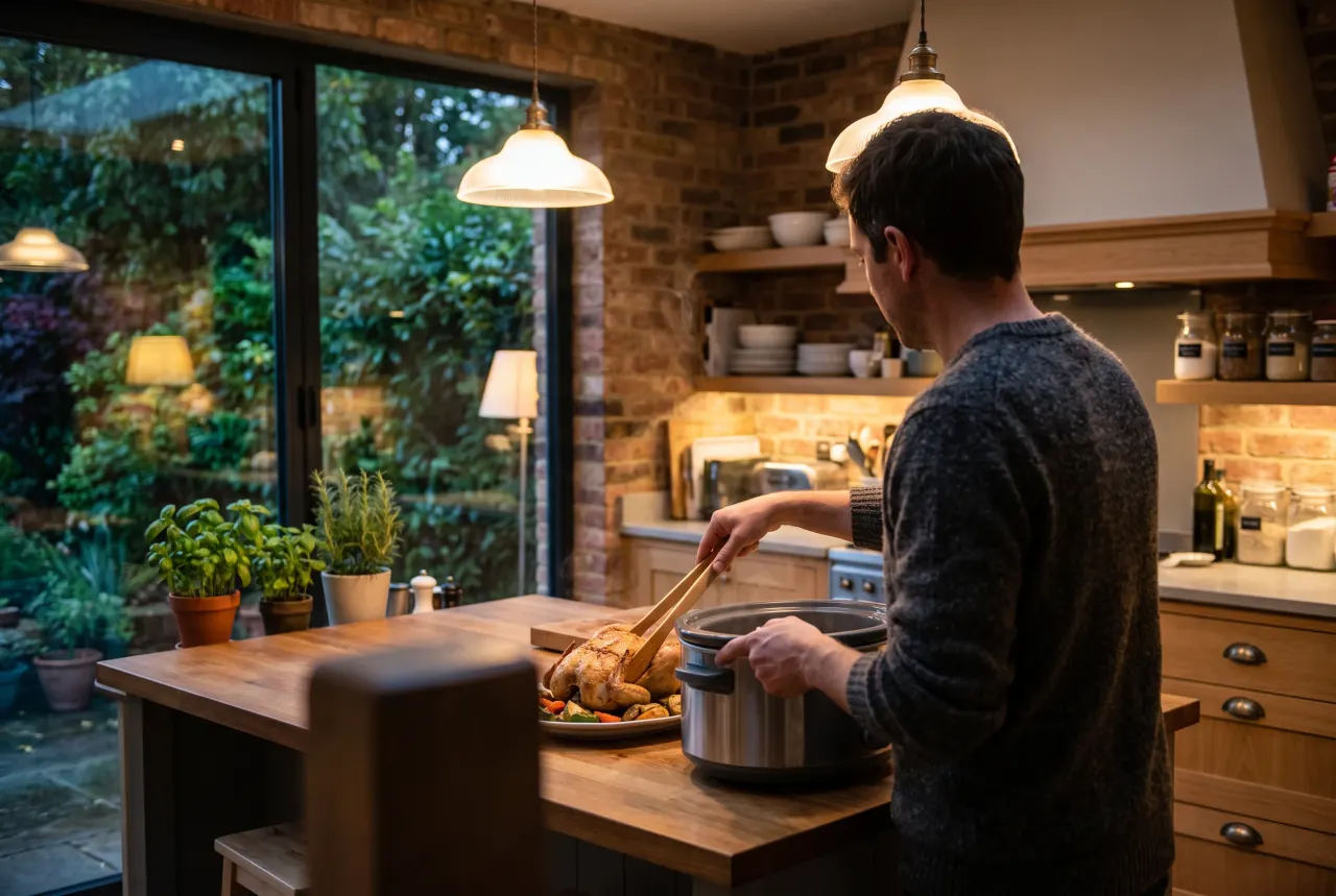 Wide view of a person's hands lifting food from a countertop appliance in a bright kitchen, in warm evening lamplight