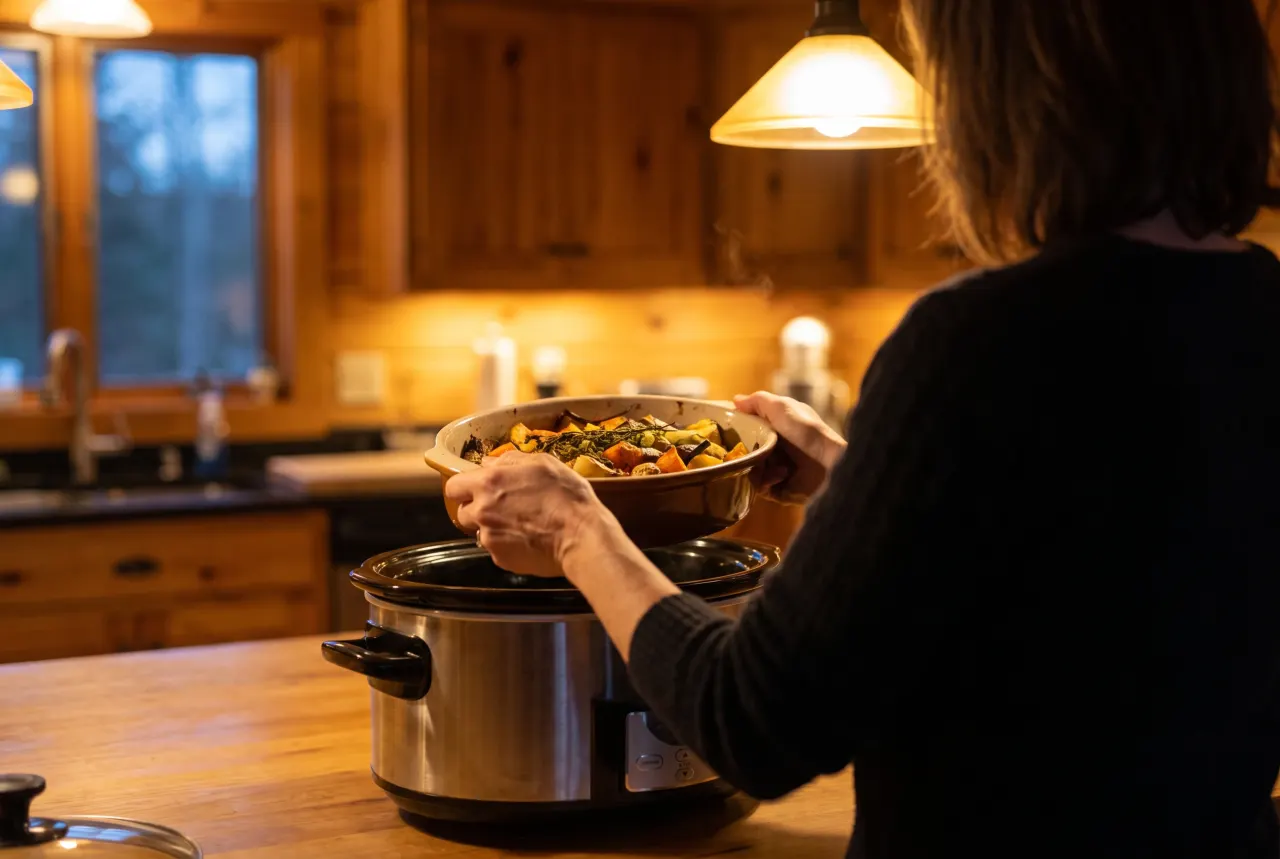 Over-the-shoulder view of a person's hands lifting food from a countertop appliance in a bright kitchen, in warm evening lamplight