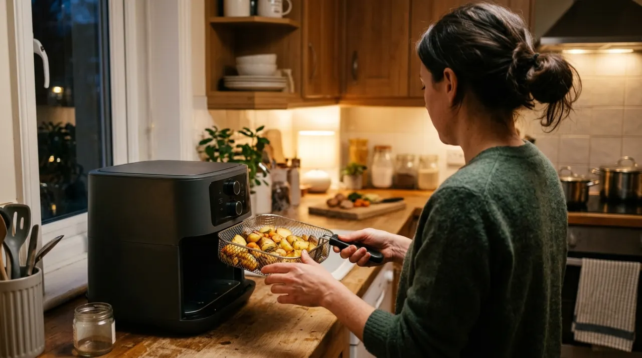 Three-quarter view of a person's hands lifting food from a countertop appliance in a bright kitchen, in warm evening lamplight