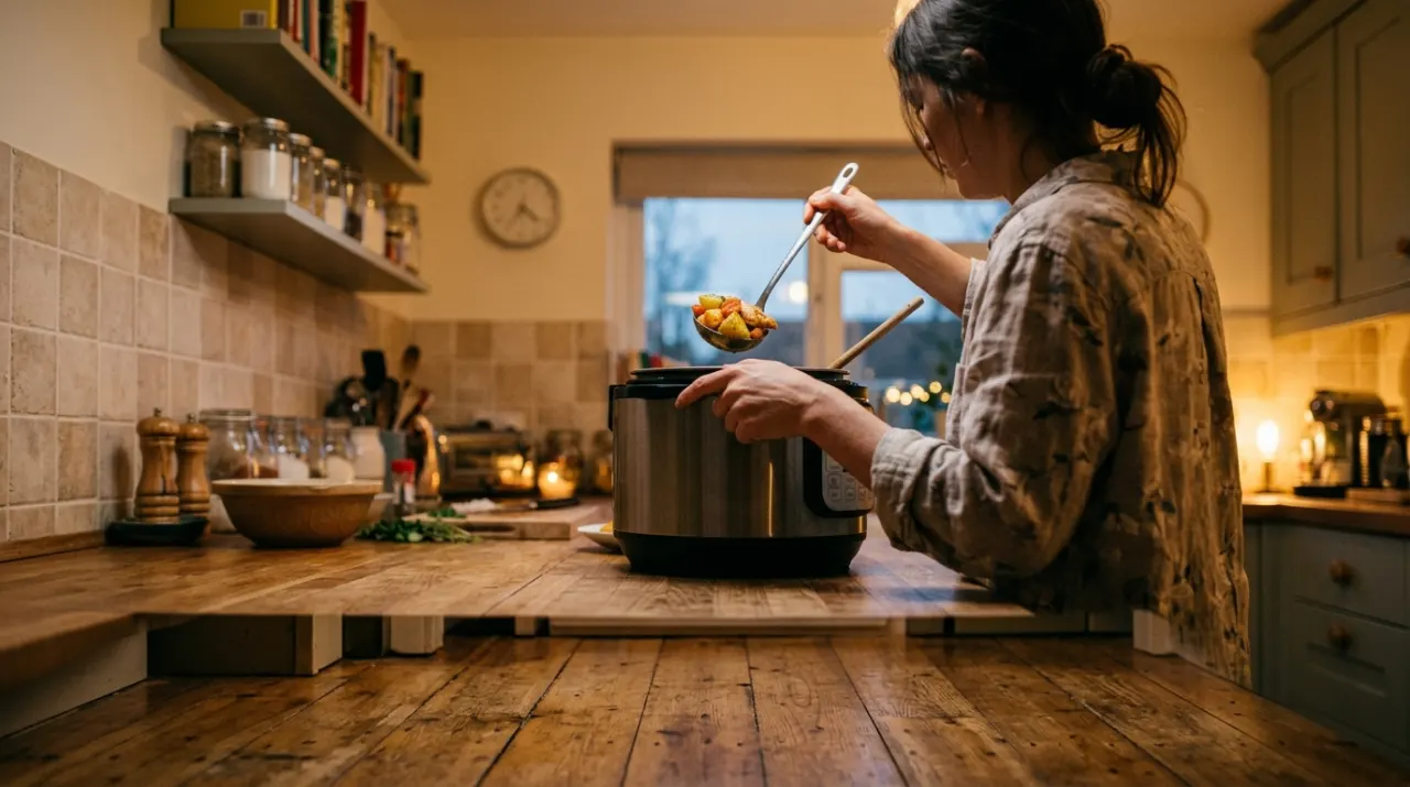 Low-angle view of a person's hands lifting food from a countertop appliance in a bright kitchen, in warm evening lamplight