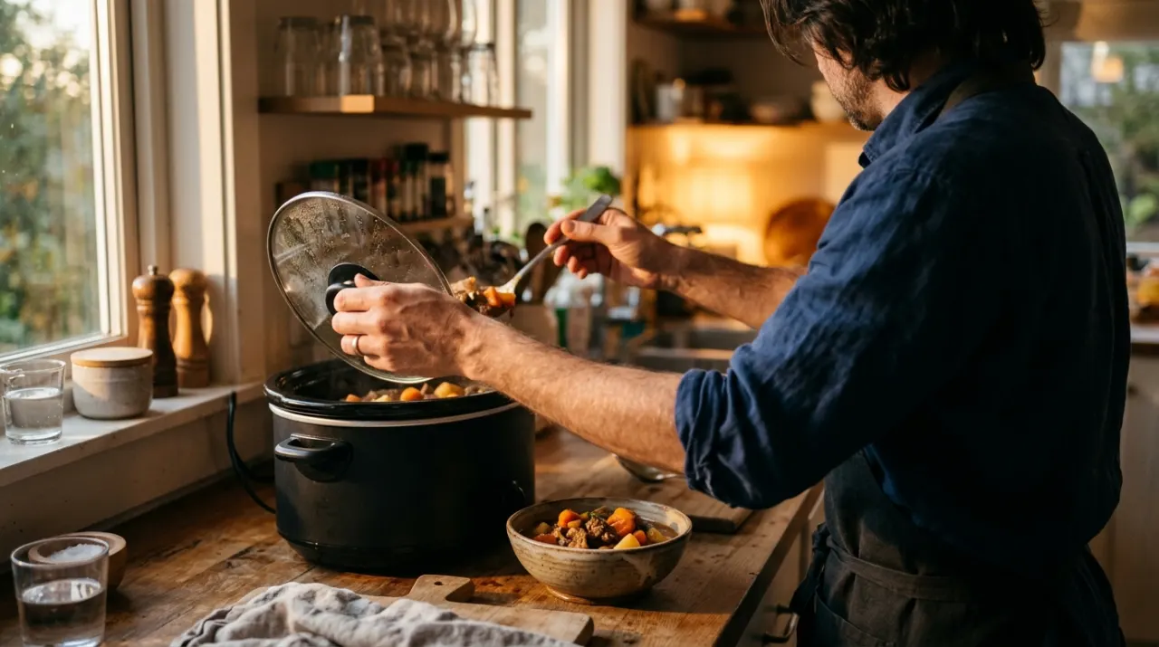 Golden-hour view of a person's hands lifting food from a countertop appliance in a bright kitchen