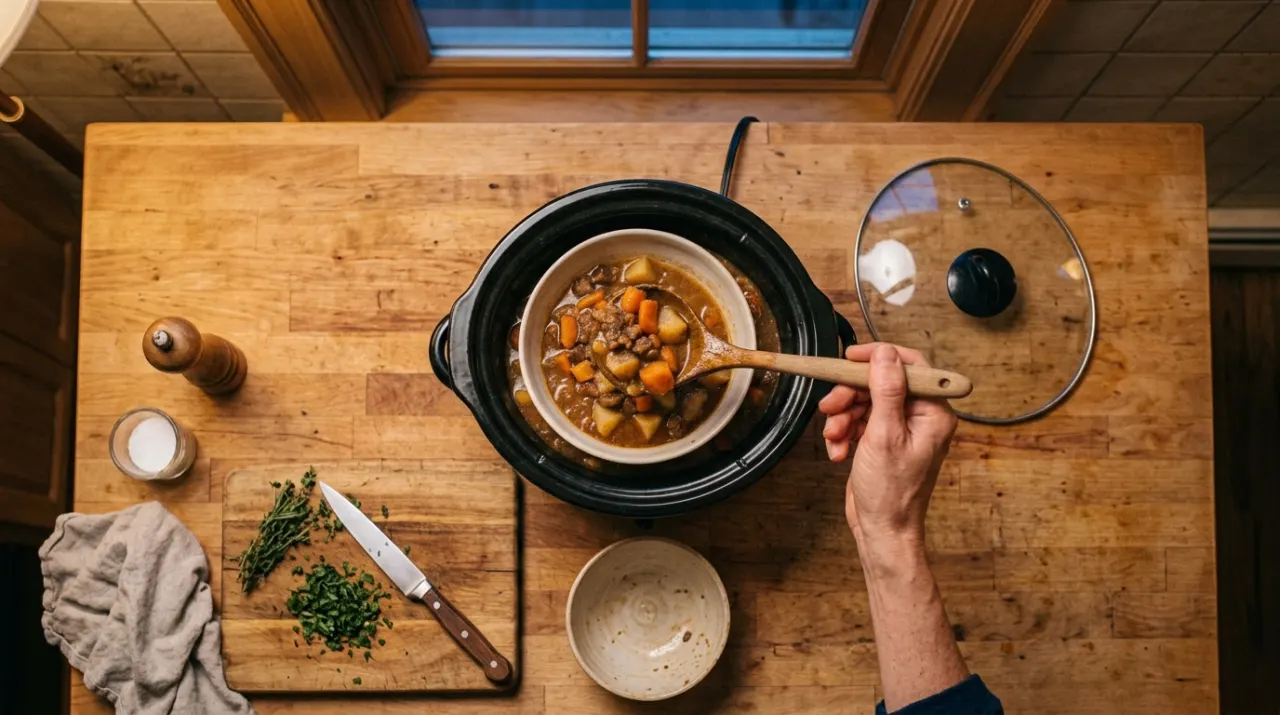 Overhead view of a person's hands lifting food from a countertop appliance in a bright kitchen, in warm evening lamplight