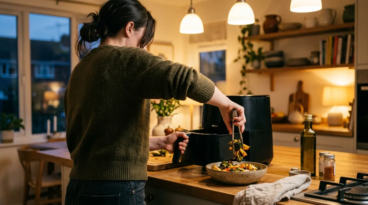 Wide environmental view of a person's hands lifting food from a countertop appliance in a bright kitchen, in warm evening lamplight