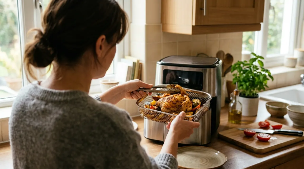 Over-the-shoulder view of a person's hands lifting food from a countertop appliance in a bright kitchen, in soft early-morning light