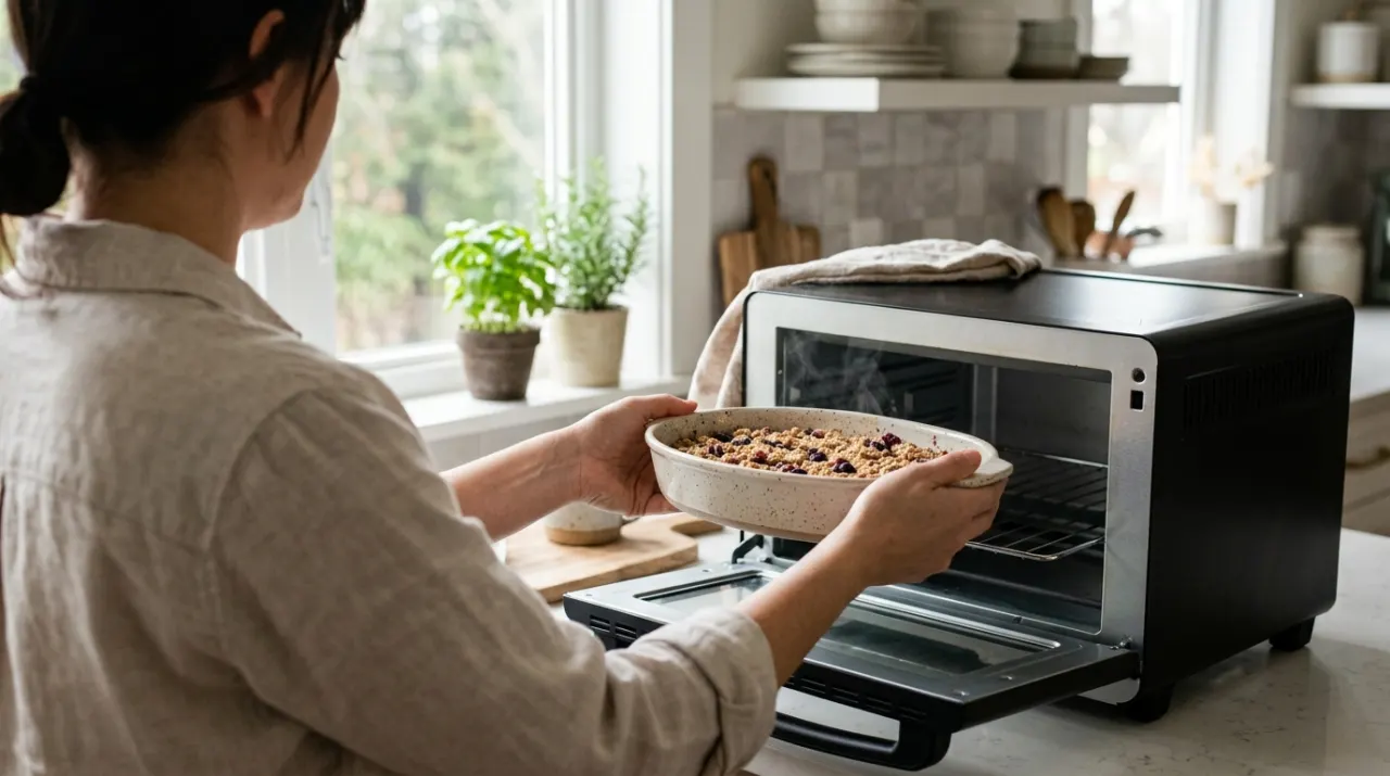 Three-quarter view of a person's hands lifting food from a countertop appliance in a bright kitchen, in soft early-morning light