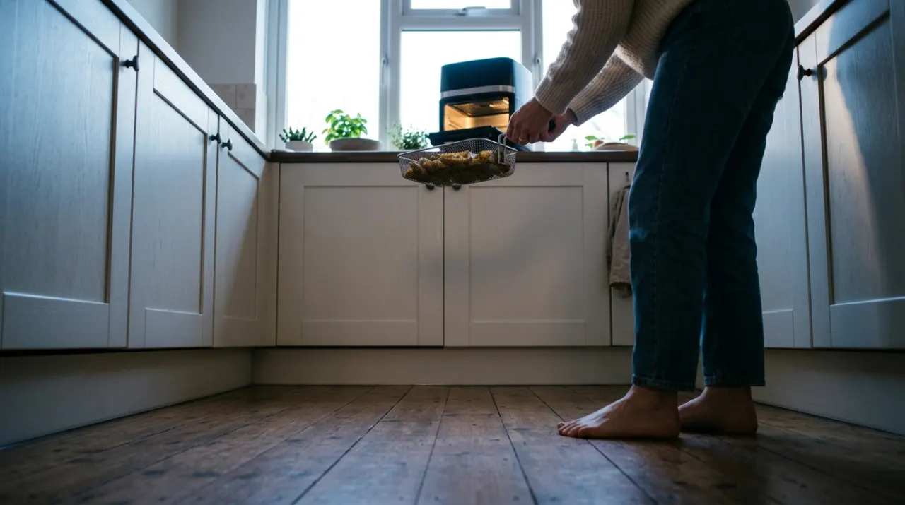 Low-angle view of a person's hands lifting food from a countertop appliance in a bright kitchen, in soft early-morning light
