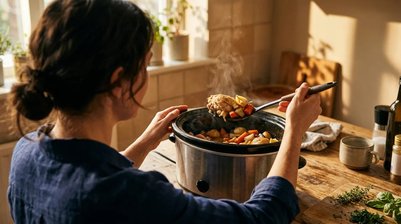 Golden-hour view of a person's hands lifting food from a countertop appliance in a bright kitchen