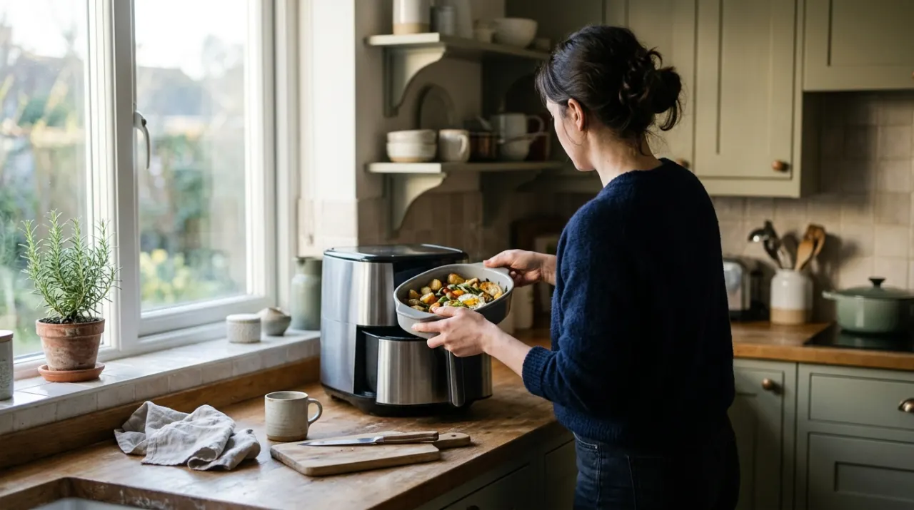 Wide environmental view of a person's hands lifting food from a countertop appliance in a bright kitchen, in soft early-morning light
