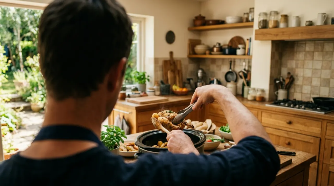 Wide view of a person's hands lifting food from a countertop appliance in a bright kitchen, in bright midday sun