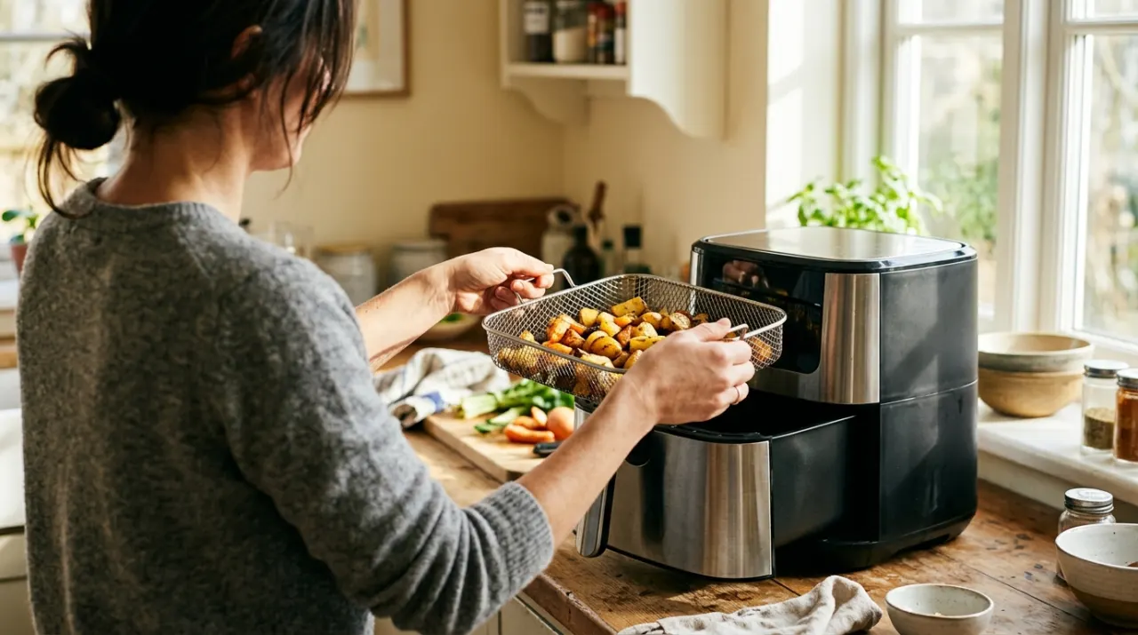 Three-quarter view of a person's hands lifting food from a countertop appliance in a bright kitchen, in bright midday sun