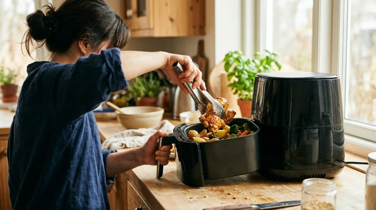 Low-angle view of a person's hands lifting food from a countertop appliance in a bright kitchen, in bright midday sun