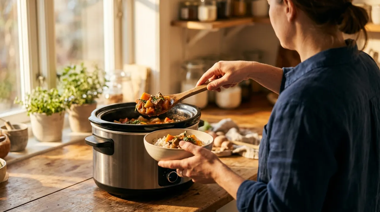 Golden-hour view of a person's hands lifting food from a countertop appliance in a bright kitchen