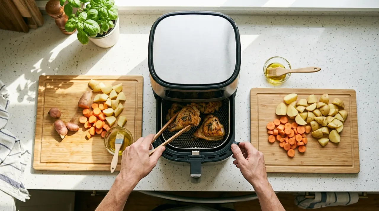 Overhead view of a person's hands lifting food from a countertop appliance in a bright kitchen, in bright midday sun