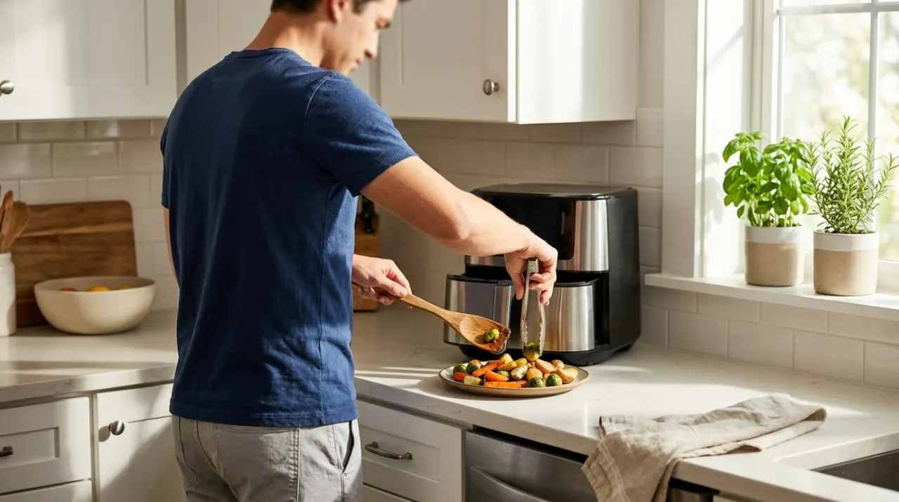 Wide environmental view of a person's hands lifting food from a countertop appliance in a bright kitchen, in bright midday sun