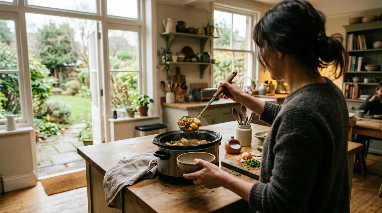 Wide view of a person's hands lifting food from a countertop appliance in a bright kitchen, in soft overcast light