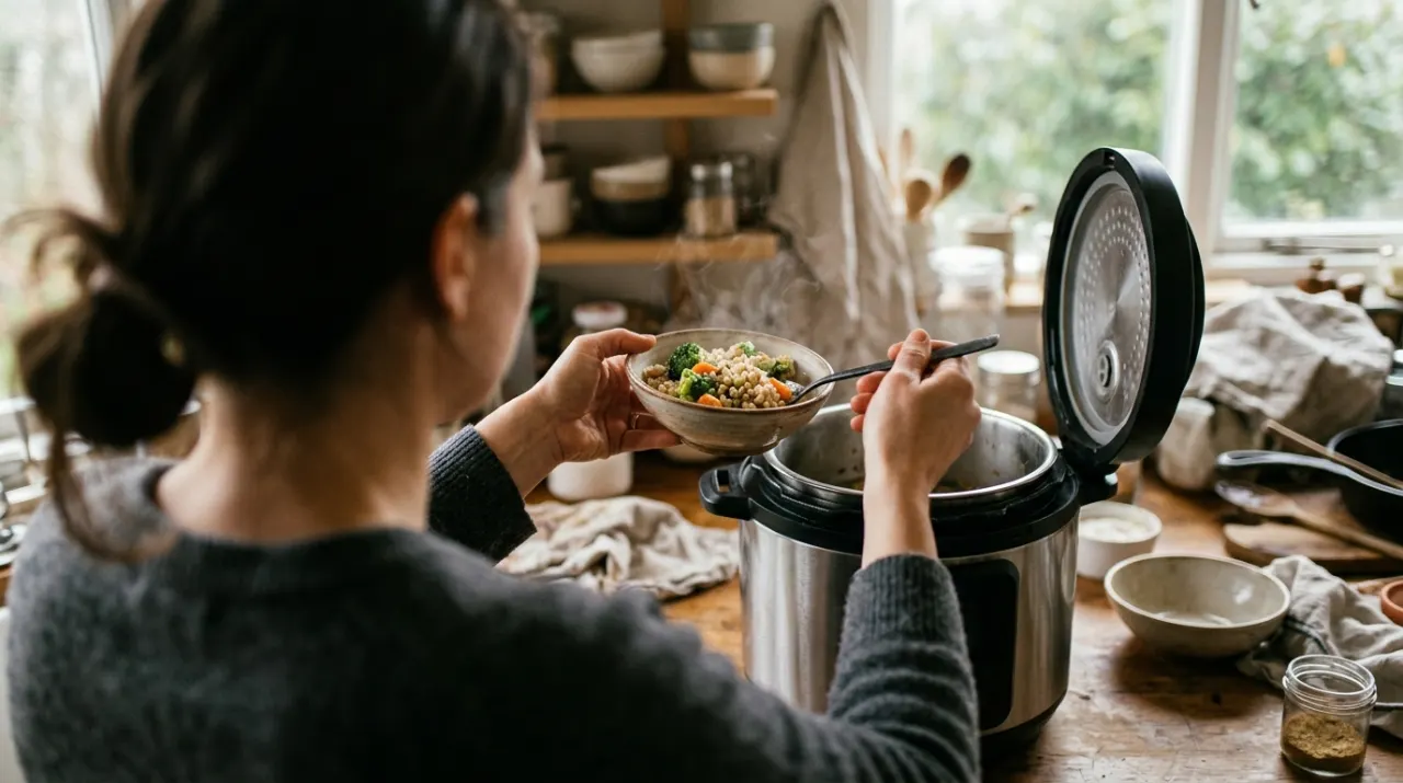 Over-the-shoulder view of a person's hands lifting food from a countertop appliance in a bright kitchen, in soft overcast light