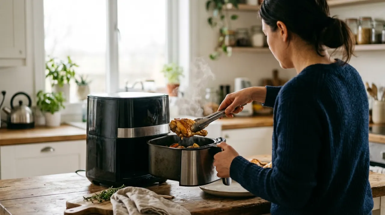 Three-quarter view of a person's hands lifting food from a countertop appliance in a bright kitchen, in soft overcast light
