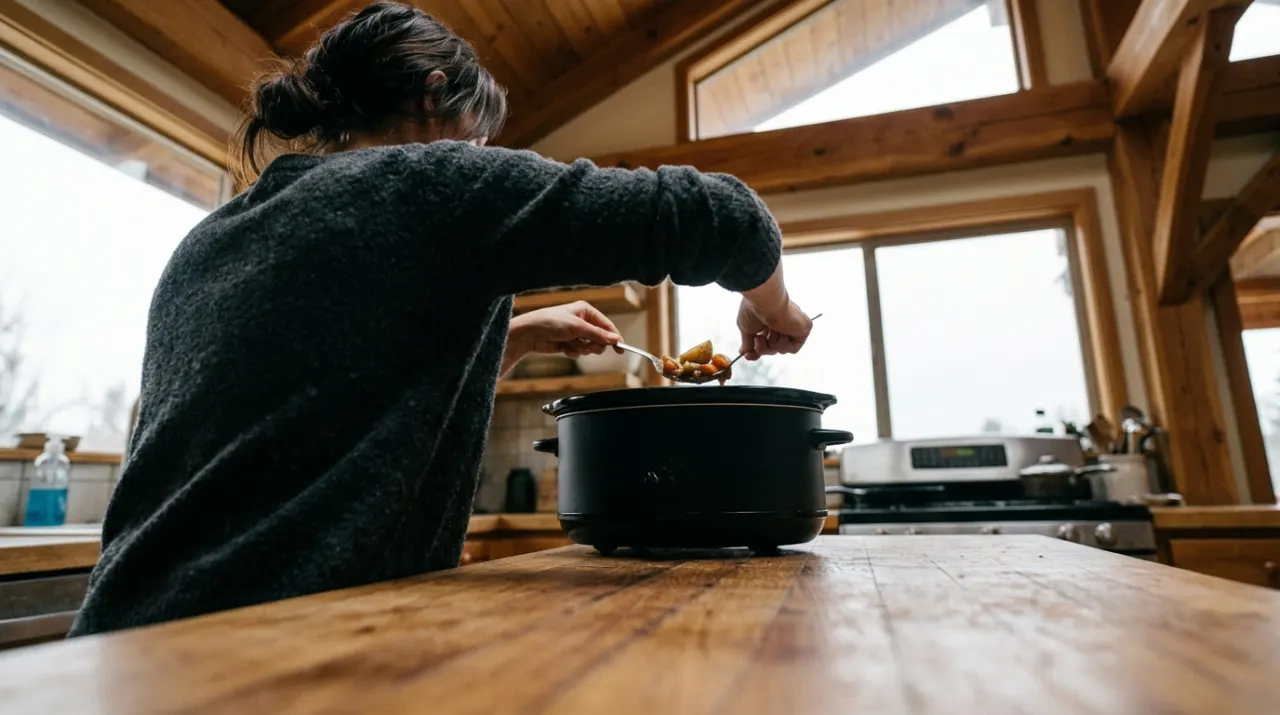 Low-angle view of a person's hands lifting food from a countertop appliance in a bright kitchen, in soft overcast light