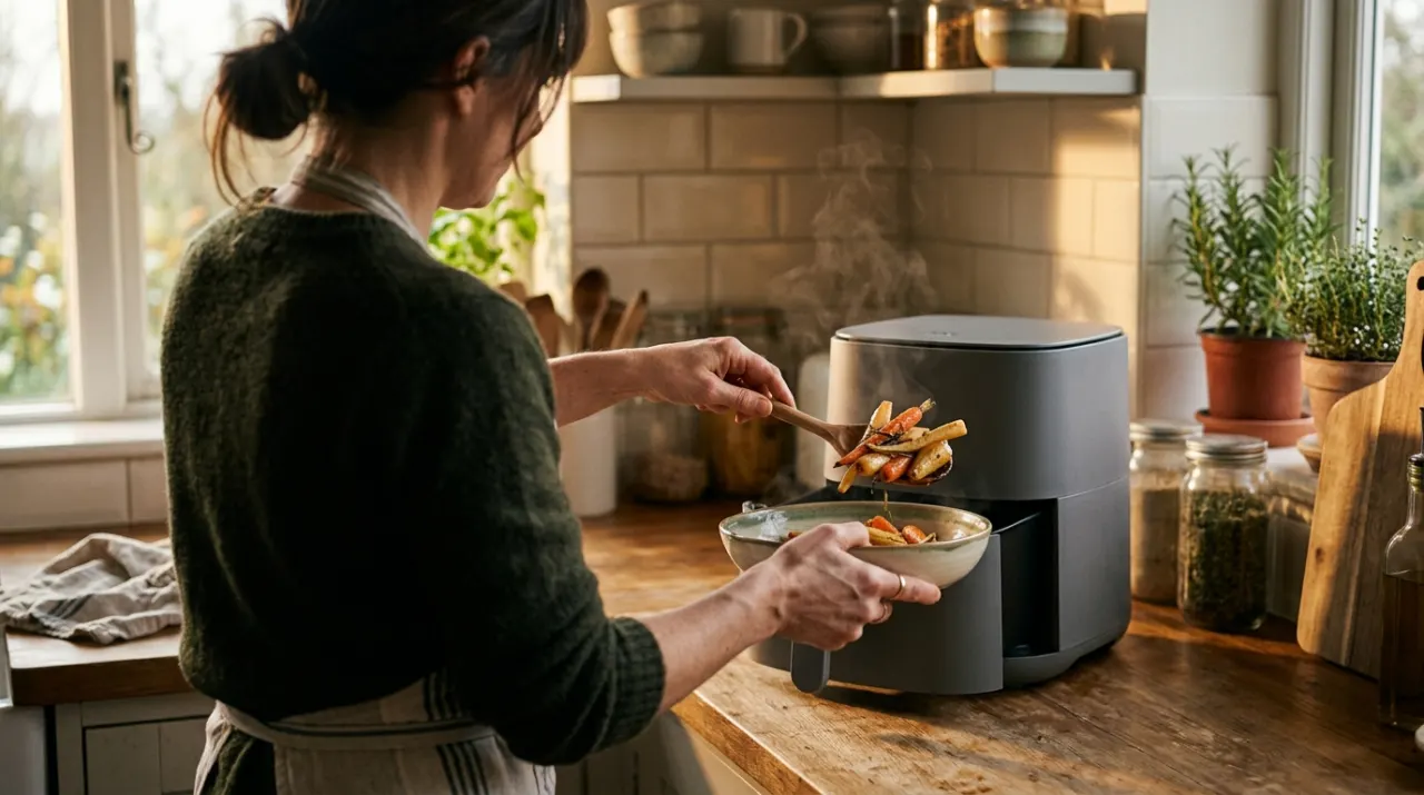 Golden-hour view of a person's hands lifting food from a countertop appliance in a bright kitchen