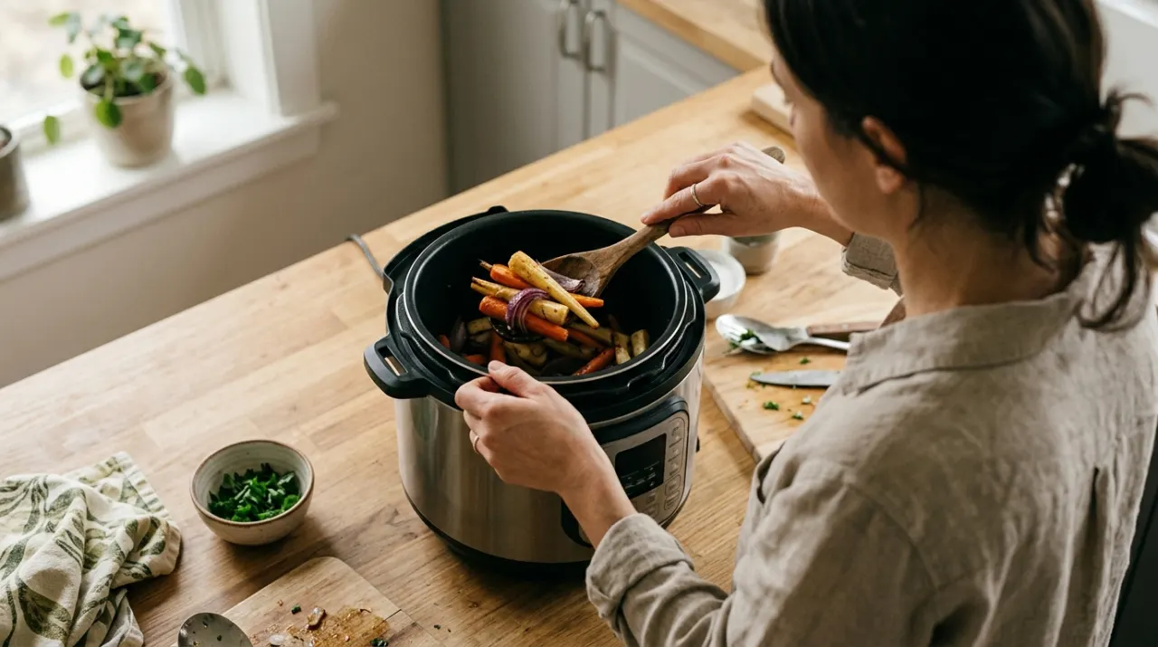 Overhead view of a person's hands lifting food from a countertop appliance in a bright kitchen, in soft overcast light