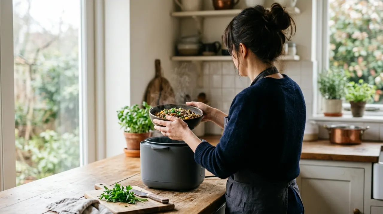 Wide environmental view of a person's hands lifting food from a countertop appliance in a bright kitchen, in soft overcast light