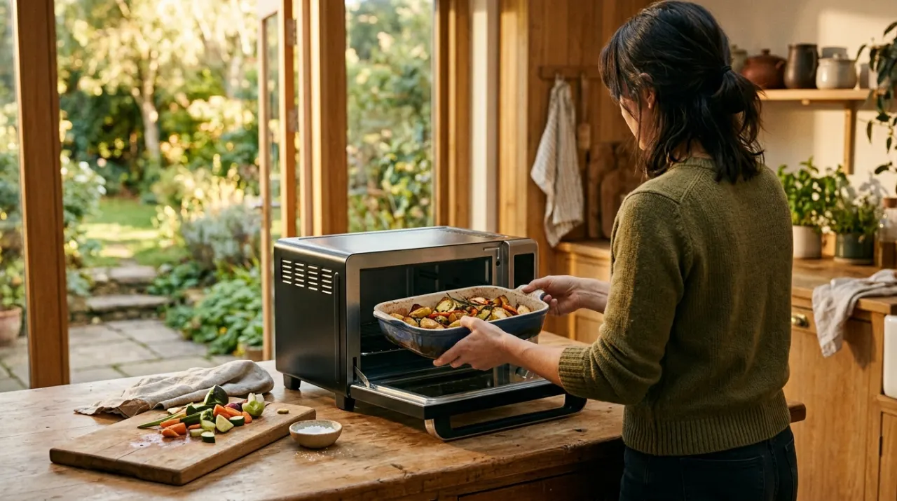 Wide view of a person's hands lifting food from a countertop appliance in a bright kitchen, in warm late-afternoon light