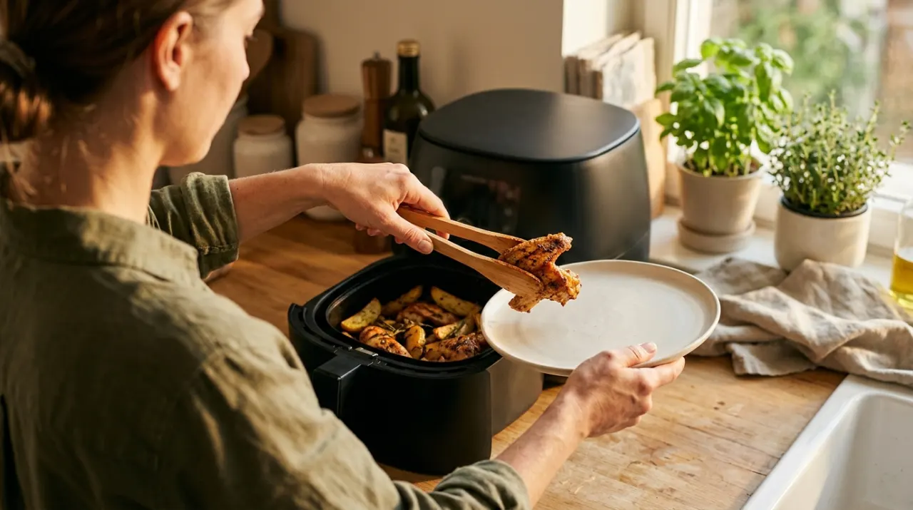 Over-the-shoulder view of a person's hands lifting food from a countertop appliance in a bright kitchen, in warm late-afternoon light