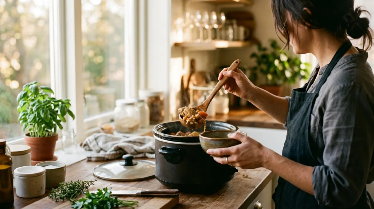 Three-quarter view of a person's hands lifting food from a countertop appliance in a bright kitchen, in warm late-afternoon light