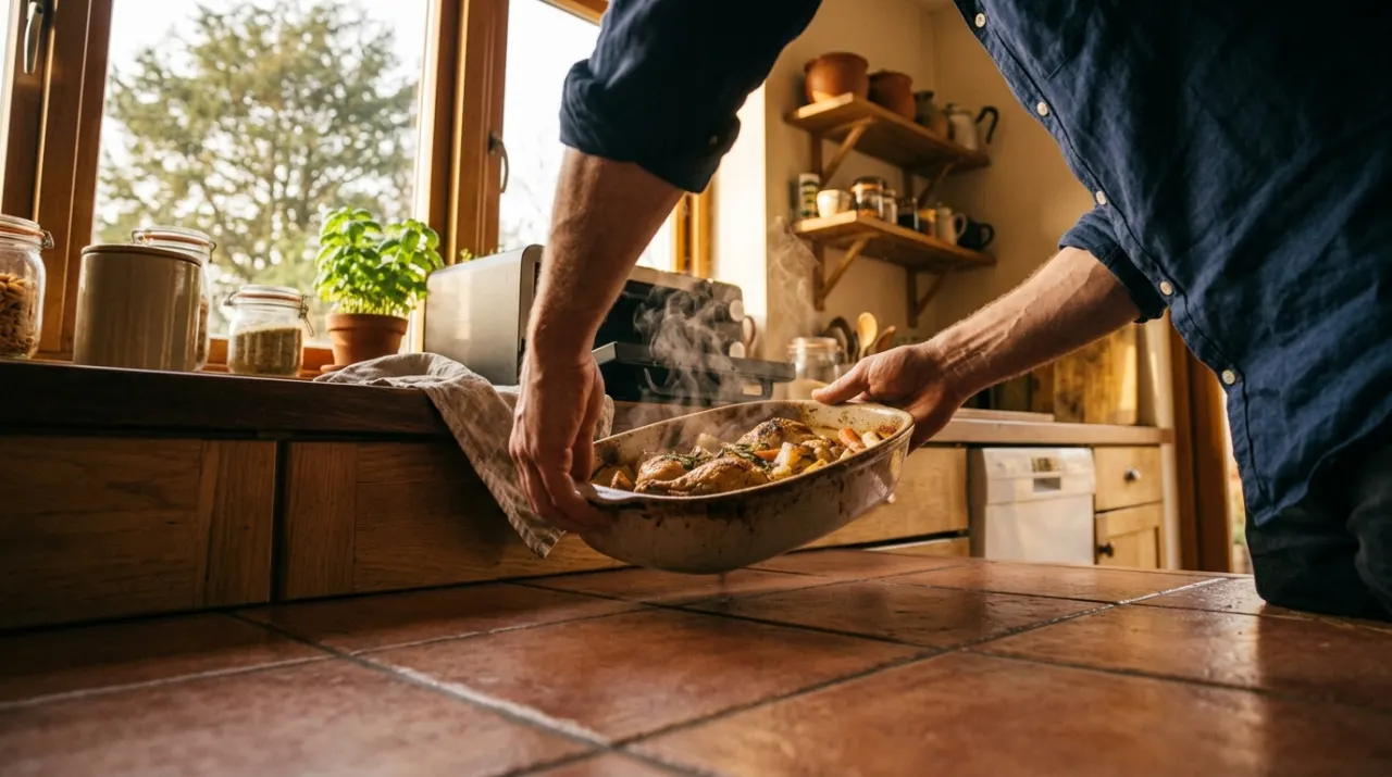 Low-angle view of a person's hands lifting food from a countertop appliance in a bright kitchen, in warm late-afternoon light
