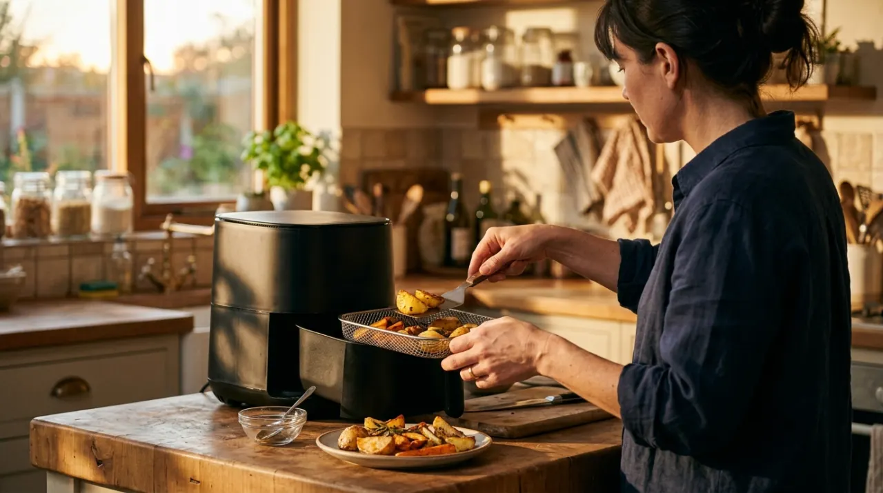 Golden-hour view of a person's hands lifting food from a countertop appliance in a bright kitchen