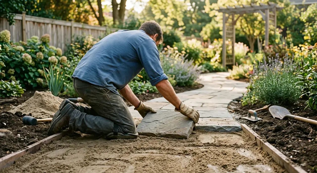 Wide view of a person laying a stone paver into a sand base while building a garden path, in soft early-morning light