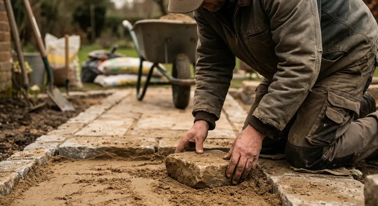 Over-the-shoulder view of a person laying a stone paver into a sand base while building a garden path, in soft overcast light