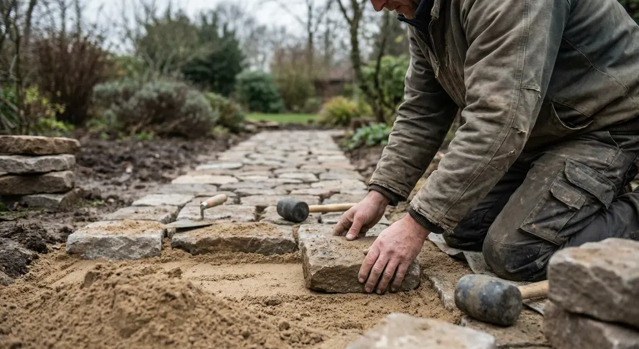 Three-quarter view of a person laying a stone paver into a sand base while building a garden path, in soft overcast light