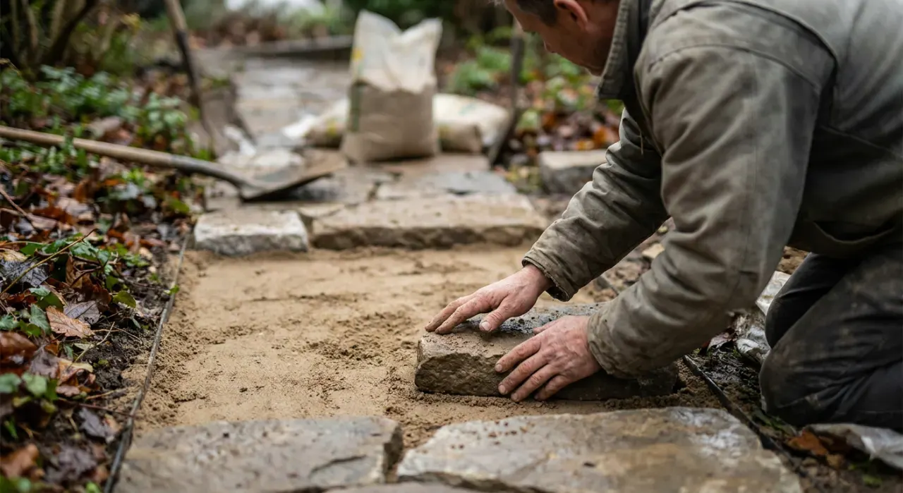Low-angle view of a person laying a stone paver into a sand base while building a garden path, in soft overcast light